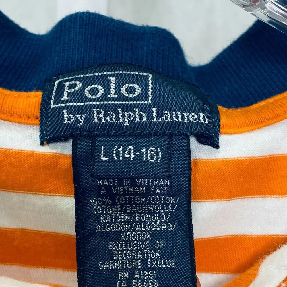 Polo Ralph Lauren Boy's Polo Shirt Orange White Striped Navy Golf‎ Collared L